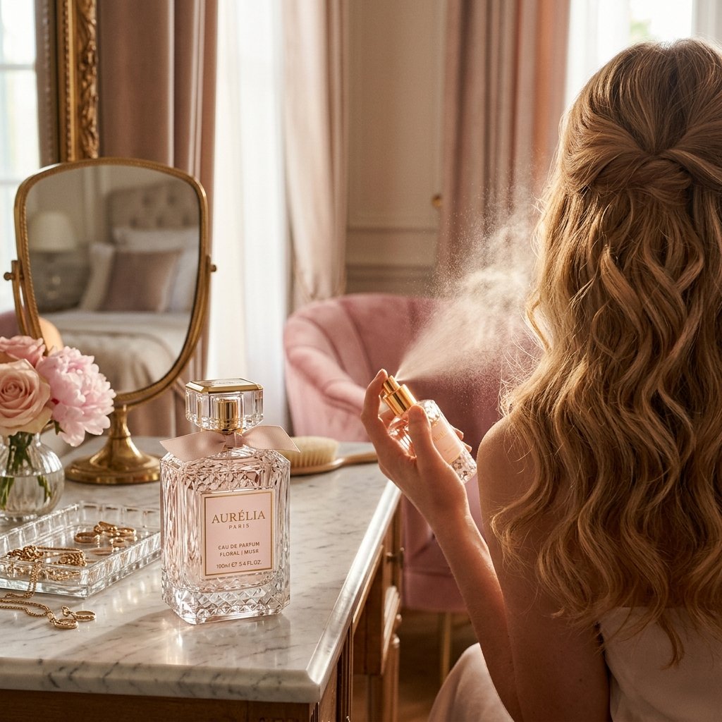 زجاجة عطر شعر فاخرة مع ضباب عطري ودرجات لون ذهبية ووردية