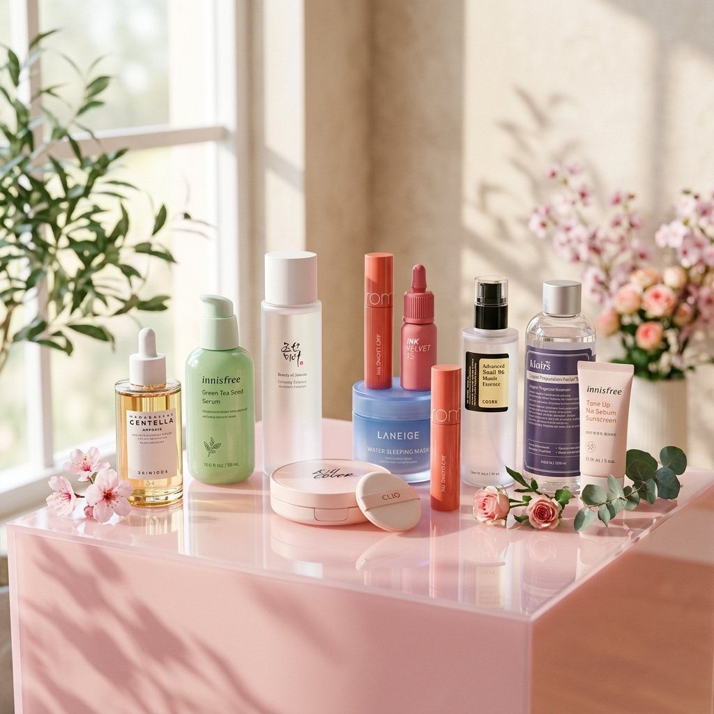 منتجات تجميل كورية فاخرة على منصة وردية مريحة