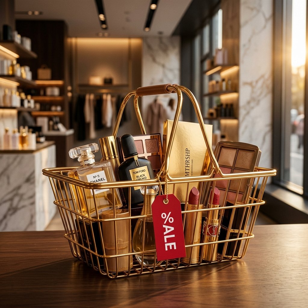 سلة تسوق فاخرة مليئة بماركات المكياج مع علامة تخفيض
