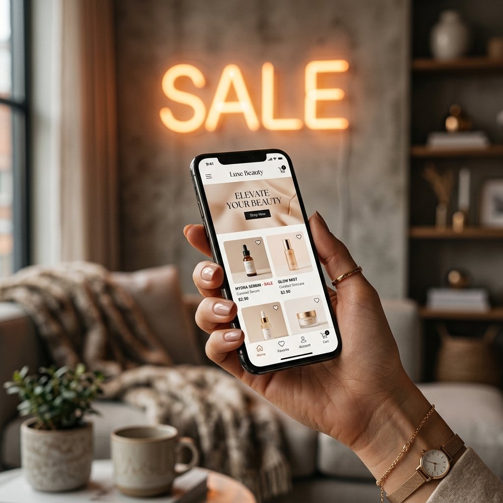 يد نسائية أنيقة تحمل هاتفاً ذكياً به تطبيق التسوق مع أيقونة تخفيض مضيئة